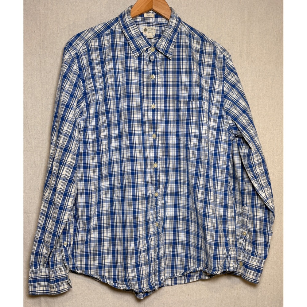 J.Crew Mens XL Blue White Plaid Washed Casual Tailored Fit Cotton Shirt